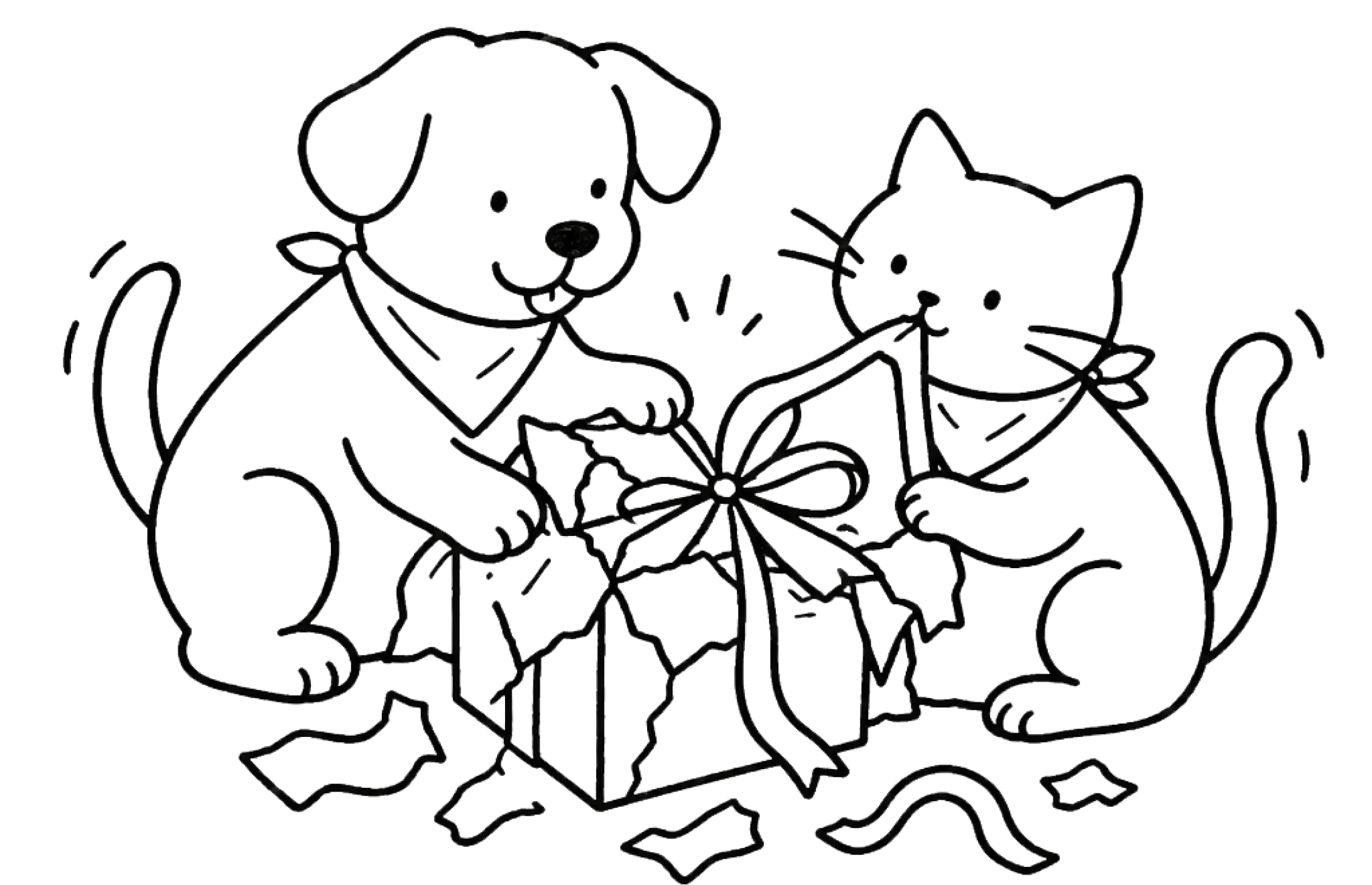 A cat and a dog tearing open a present