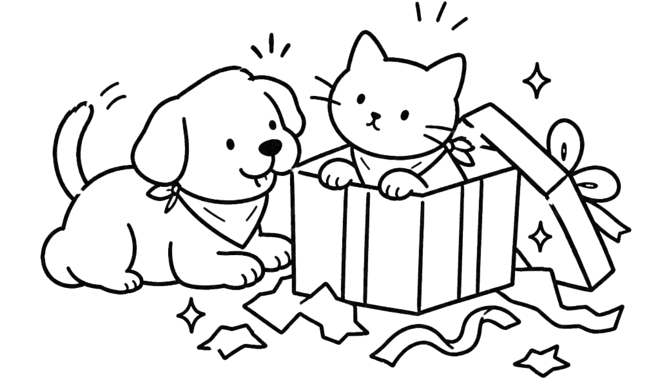 A cat and a dog peeking out of a gift box