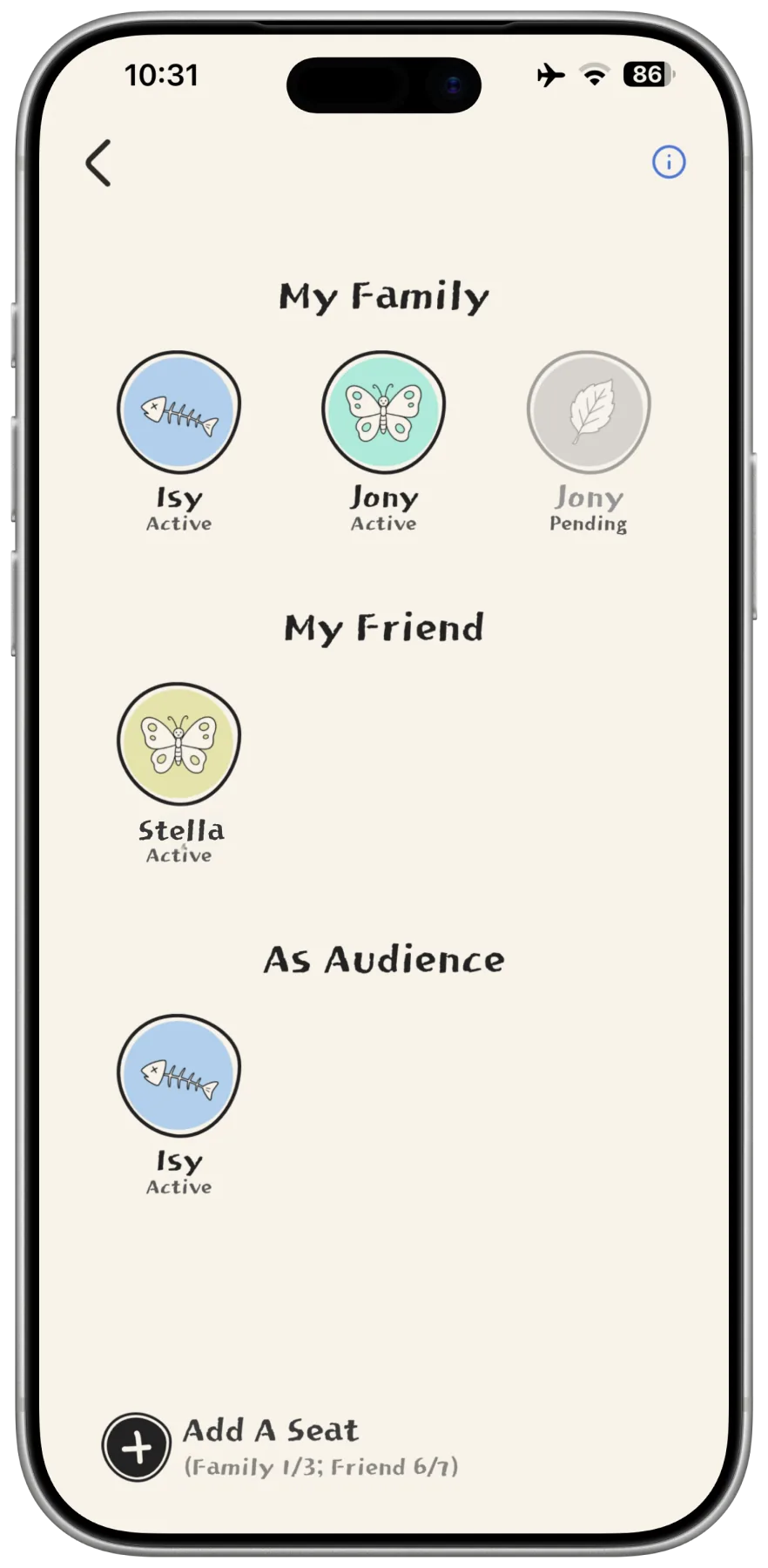 Choosing who can see a pet: family, friends and audience