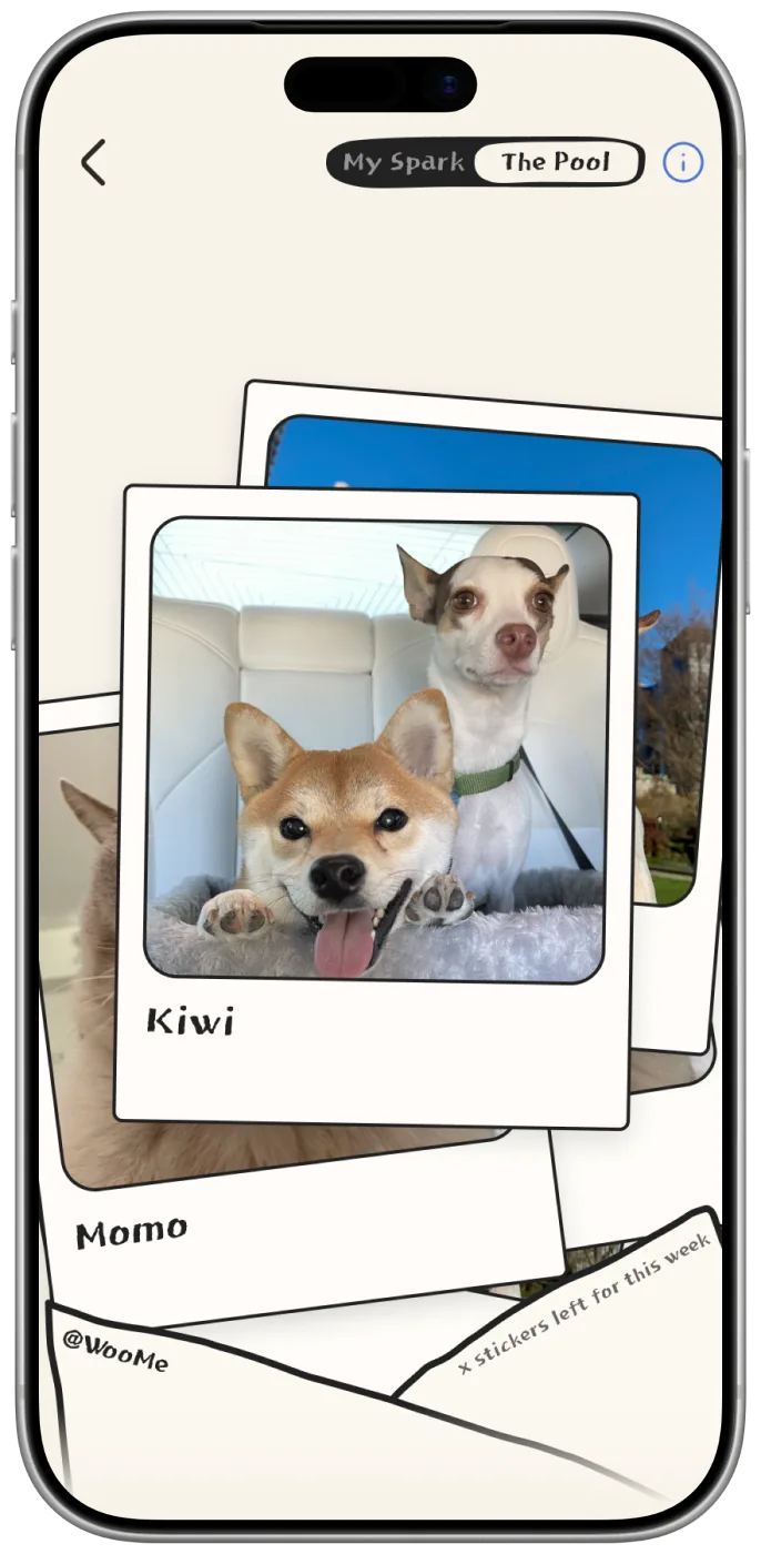 Preview of an upcoming WooMe feature: a stack of instant photos