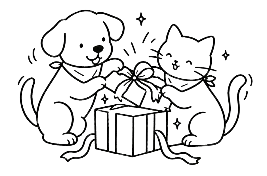 A cat and a dog opening a present together